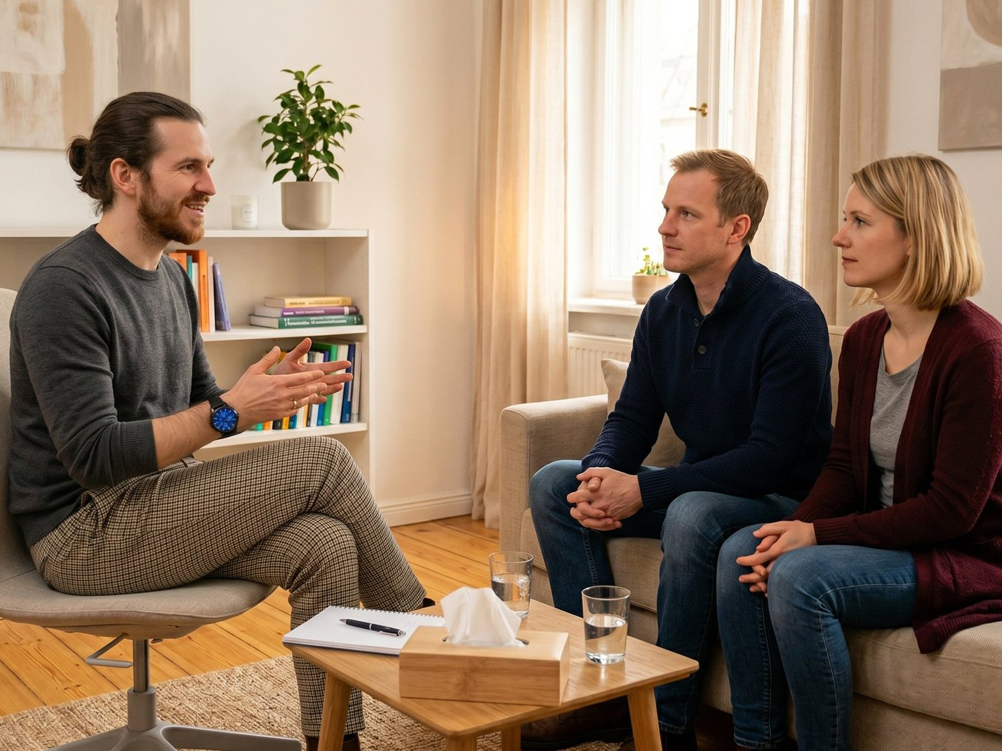 Ehetherapie-Sitzung München – Therapeut mit Paar im Gespräch